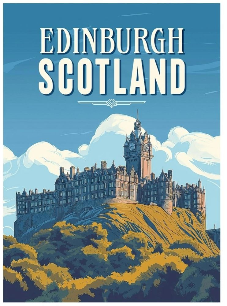 A clearly AI-generated "vintage travel poster" of Edinburgh, showing something vaguely like a famous Edinburgh landmark but totally different.