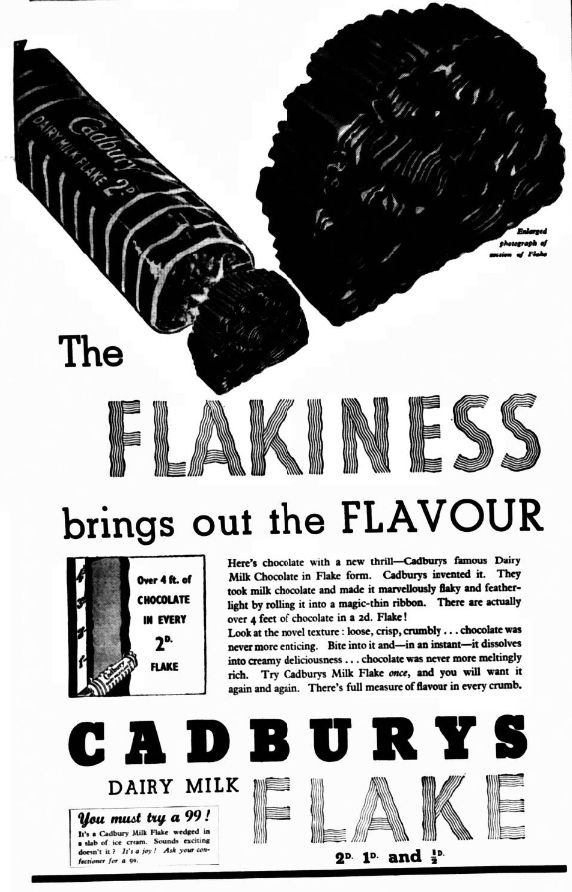 Cadbury's Flake advert from 1936, again with a suggestion to have it as a "99" in an ice-cream sandwich