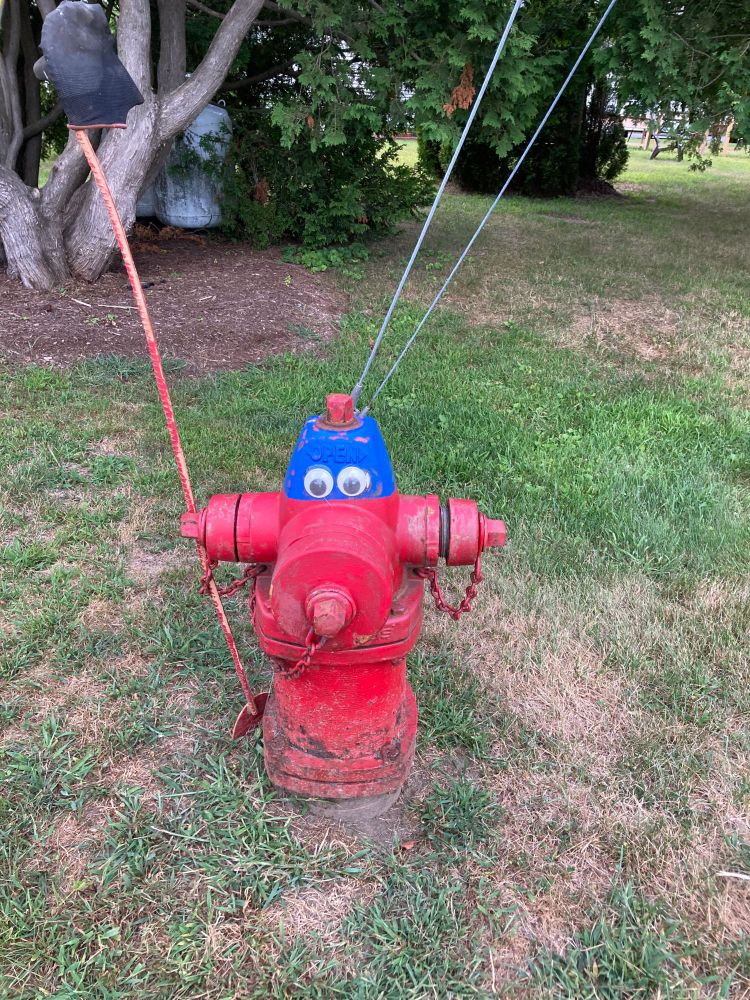 A short blue and red fire hydrant with googly eyes in front of a tree.