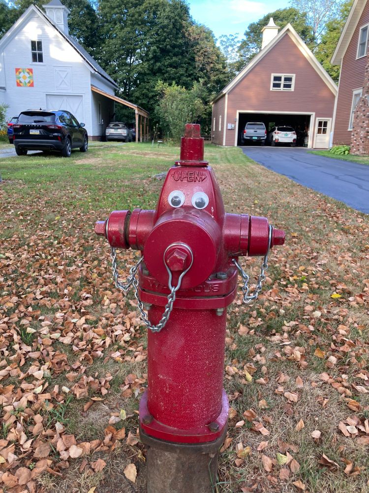 A tall red fire hydrant with googly eyes in front of a driveway and a carriage barn