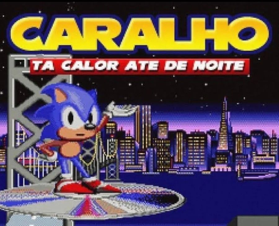 Pixel art do Sonic em cima dum cd gigante, numa torre, com o braço direito apoiado na cintura e o esquerdo apontando, com a palma da mão virada pra cima, para o fundo, onde há uma cidade futurista.
Em cima, na mesma fonte que é escrito o nome do jogo, "Sonic The Hedgehog", está escrito, na verdade, "CARALHO tá calor até de noite"