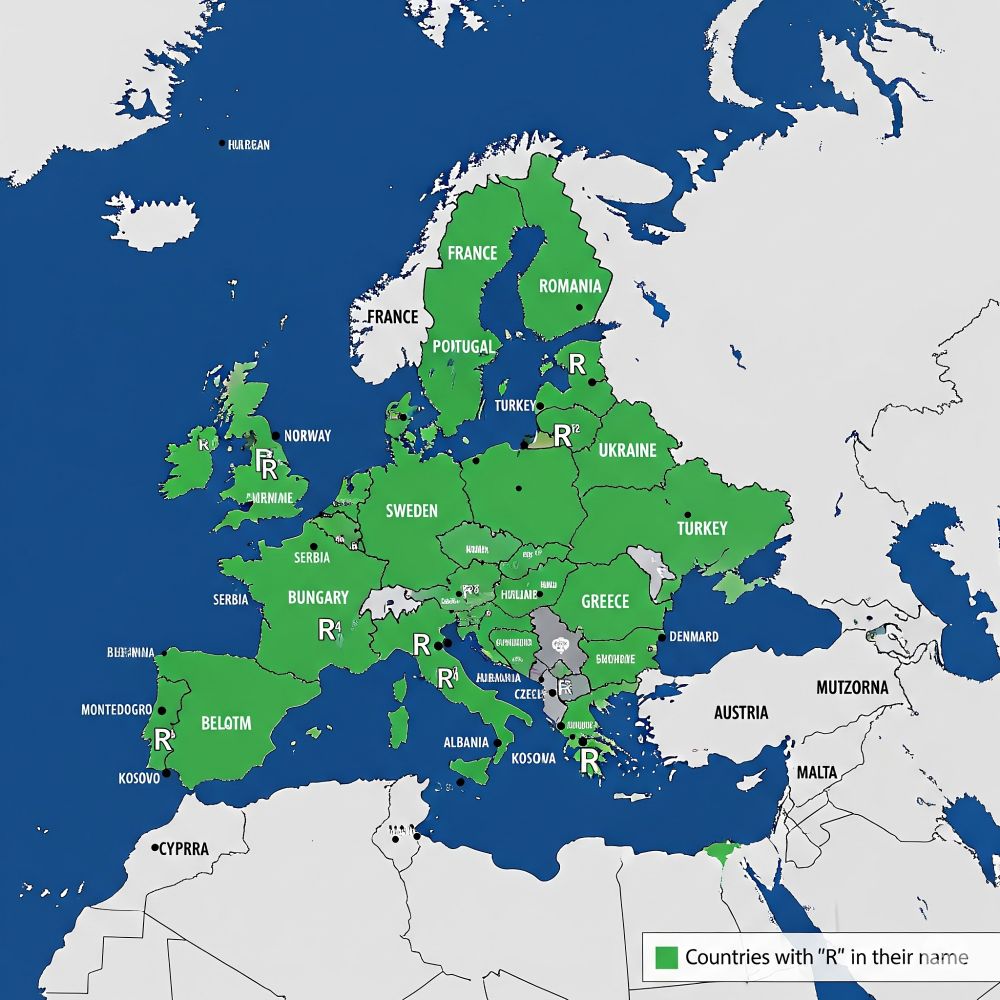 Map of European countries with R in their name according to Gemini 2.5 Pro featuring countries such as Poitugal, Bungary, Denmard and Montedogro