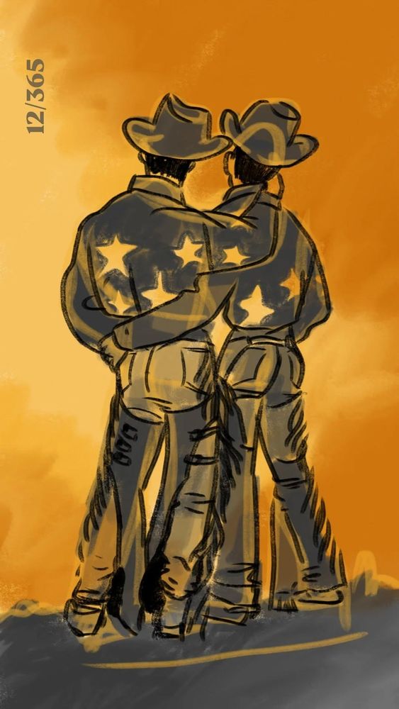 deux cowboys de dos, avec des chemises à étoiles se tiennent par l'épaule et la taille, sur fond d'horizon étouffant et nuageux, orange, comme s'ils étaient face au désert 