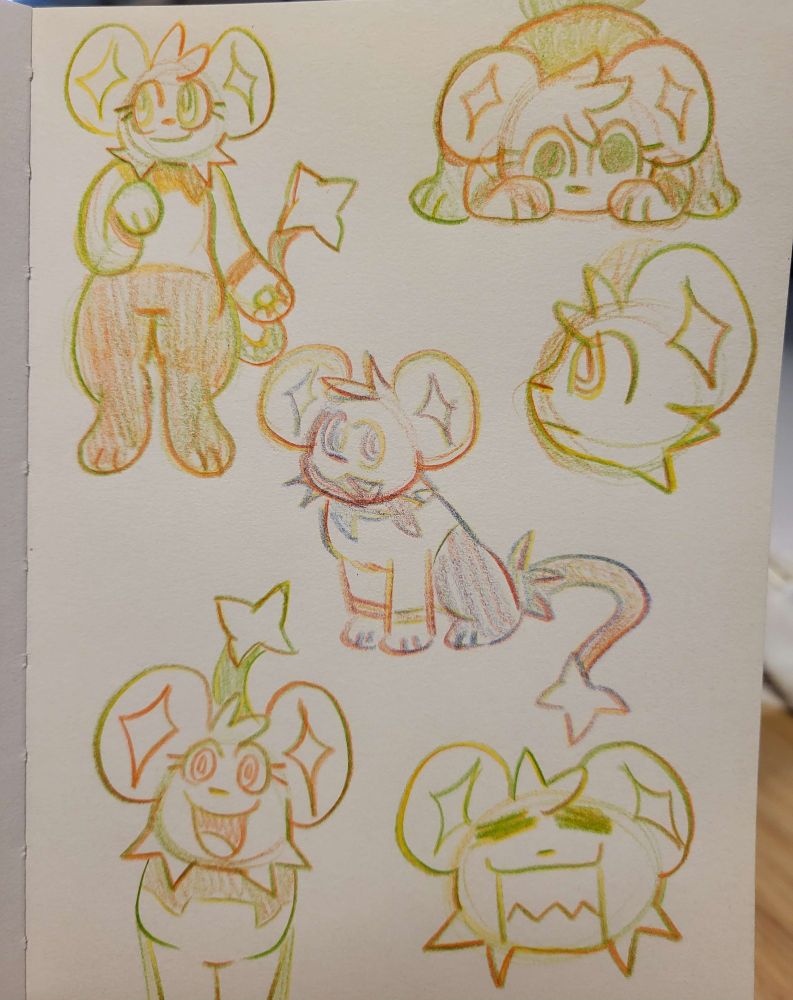multiple sketches of shinx, from pokemon. one is standing with a smile, another is forward facing and bending down like a cat about to pounce. another is a basic sitting pose and looking at the camera, one is standing forward facing with a open smile at the camera. there's also two headshots with varying expressions.