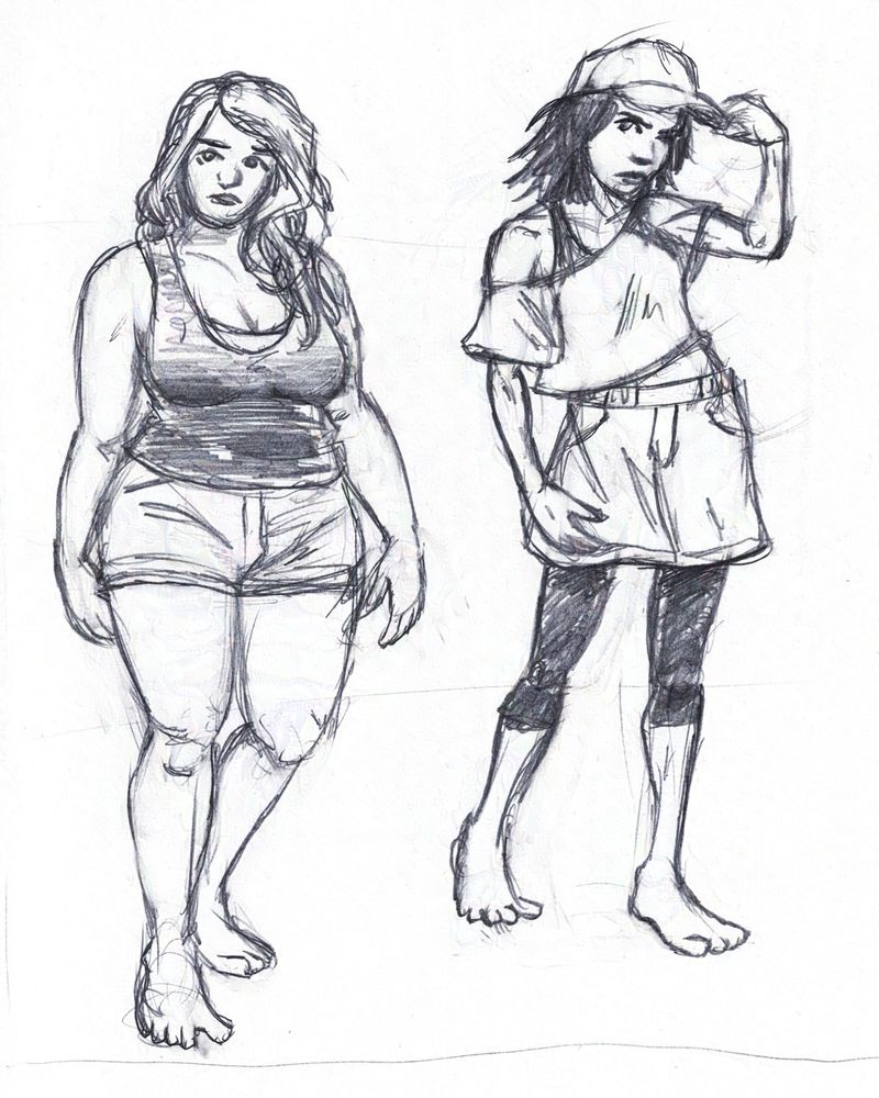 Pencil sketch of two women, one slightly heavier and curvier than the other. They're wearing cool sporty casual clothes and just kind of hanging out.