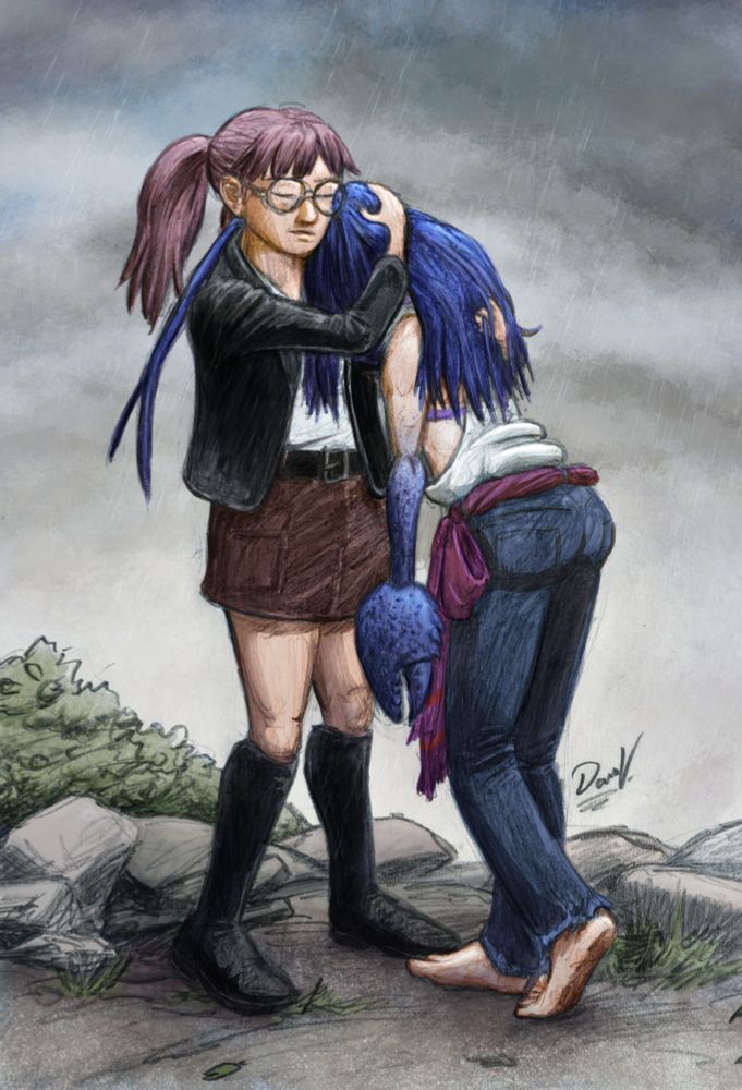 A mostly gray illustration of two women standing on a hill surrounded by fog. Blue-haired lobster girl Azzura Silverstar leans her head forlornly on the shoulder of rogue archivist Meredith Black.