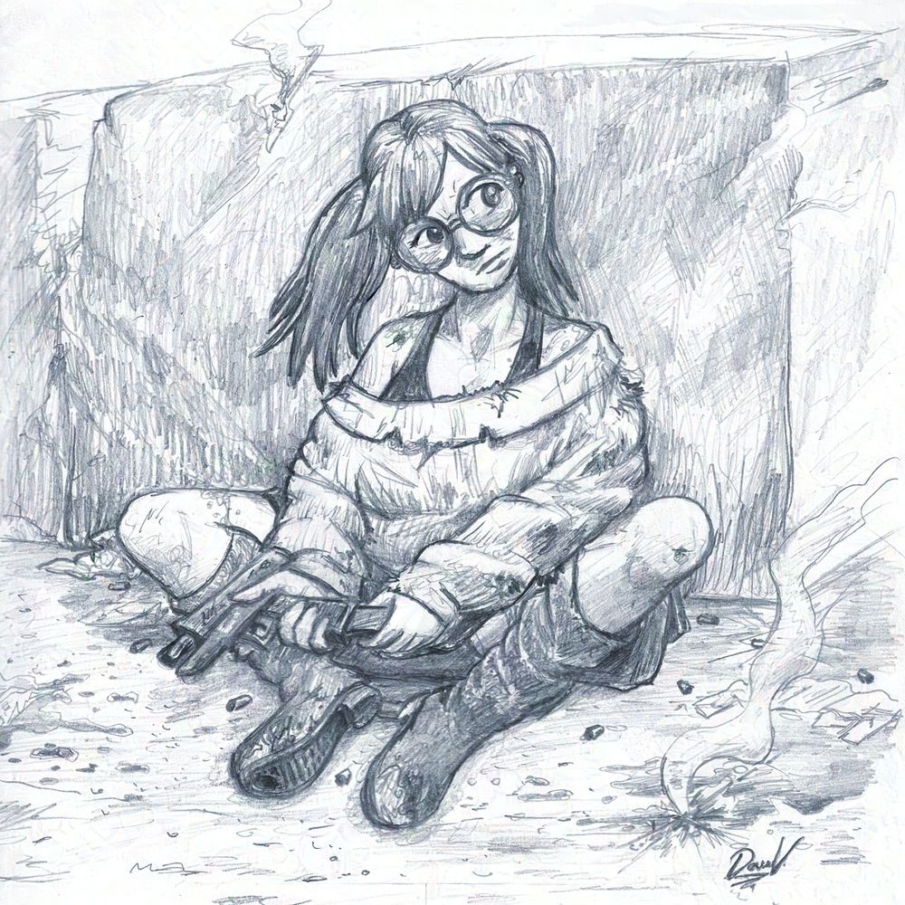 Sketchy pencil drawing. A cool tough girl with pigtails and glasses sits behind a waist-high stone wall and reloads a small pistol.