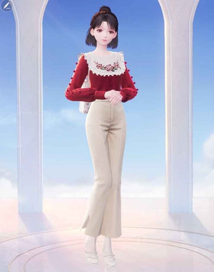 A screenshot of the Infinity Nikki wardrobe selection screen. Nikki has a cutesy, not fuck ass, brunette bob and is wearing an outfit one might wear on a picnic or sipping tea in a quaint cottage. It is a long sleeve red sweater with a white bib like front panel embroidered with florals, as well as well fitted beige flare chinos, white socks, and pretty open toes high heels.
