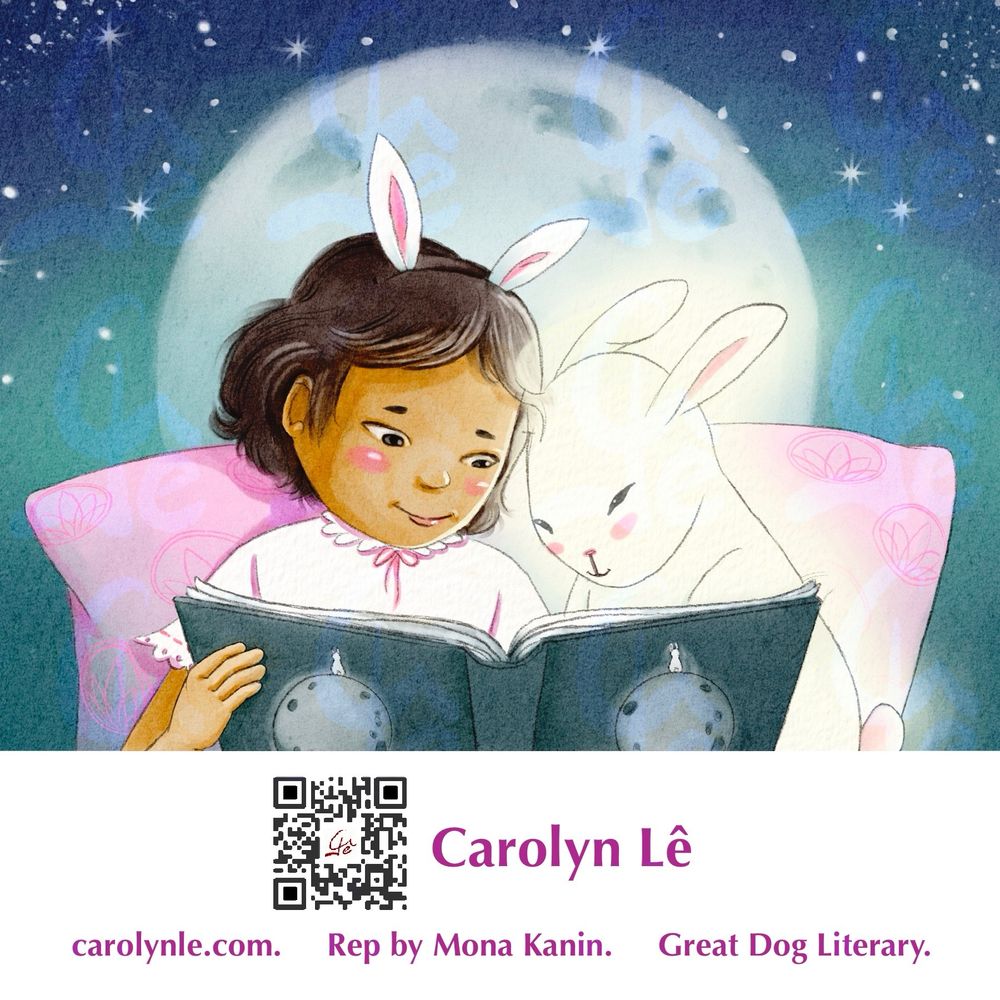 A little girl wearing pajamas and bunny ears snuggles with a white glowing rabbit as they read a book. They are lit by a full moon behind them. 
