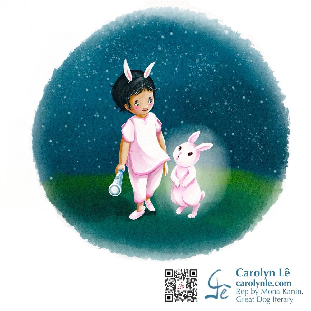 A young girl dressed in pink and holding a telescope is walking with a glowing rabbit at night in a field. 