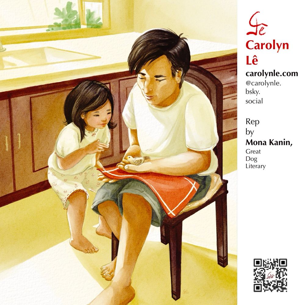 A father, sitting in a warm, sunny kitchen, shows  his daughter how to take care of a baby bird. 