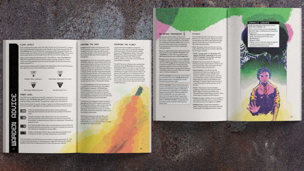 Two spreads from Emergence. Left shows "Warden Advice" with a spot illustration of a dropship flying upwards with a large rocket plume. Right shows a character menacingly trapped within a pod/tube with an outstretched hand.