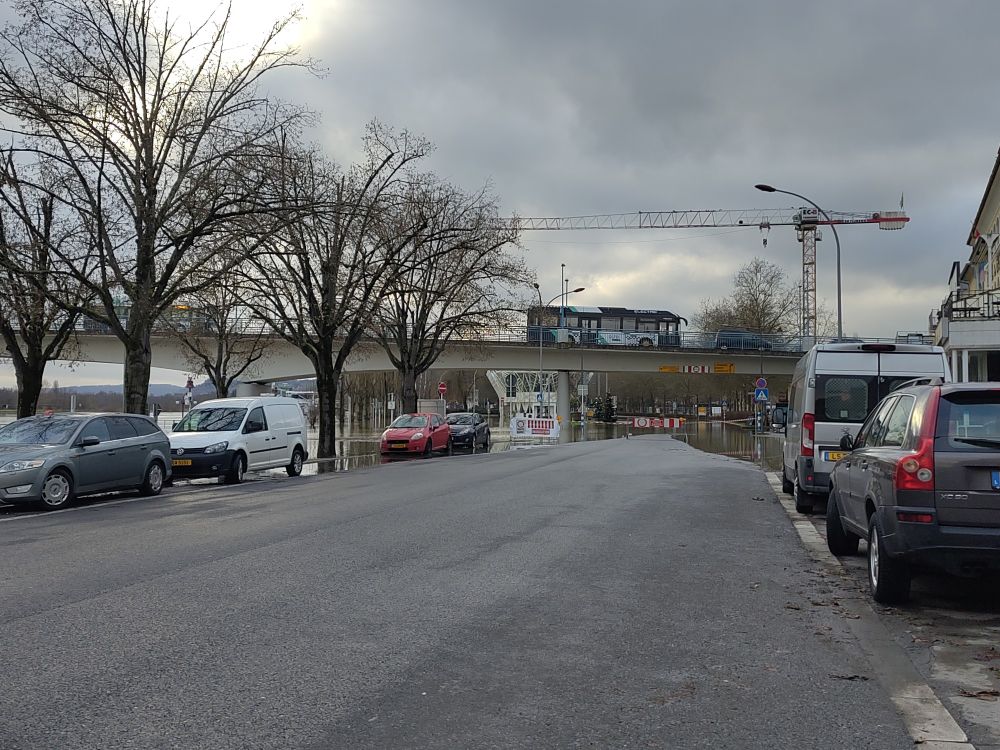 Remich main road at the water flooded and barred off. 