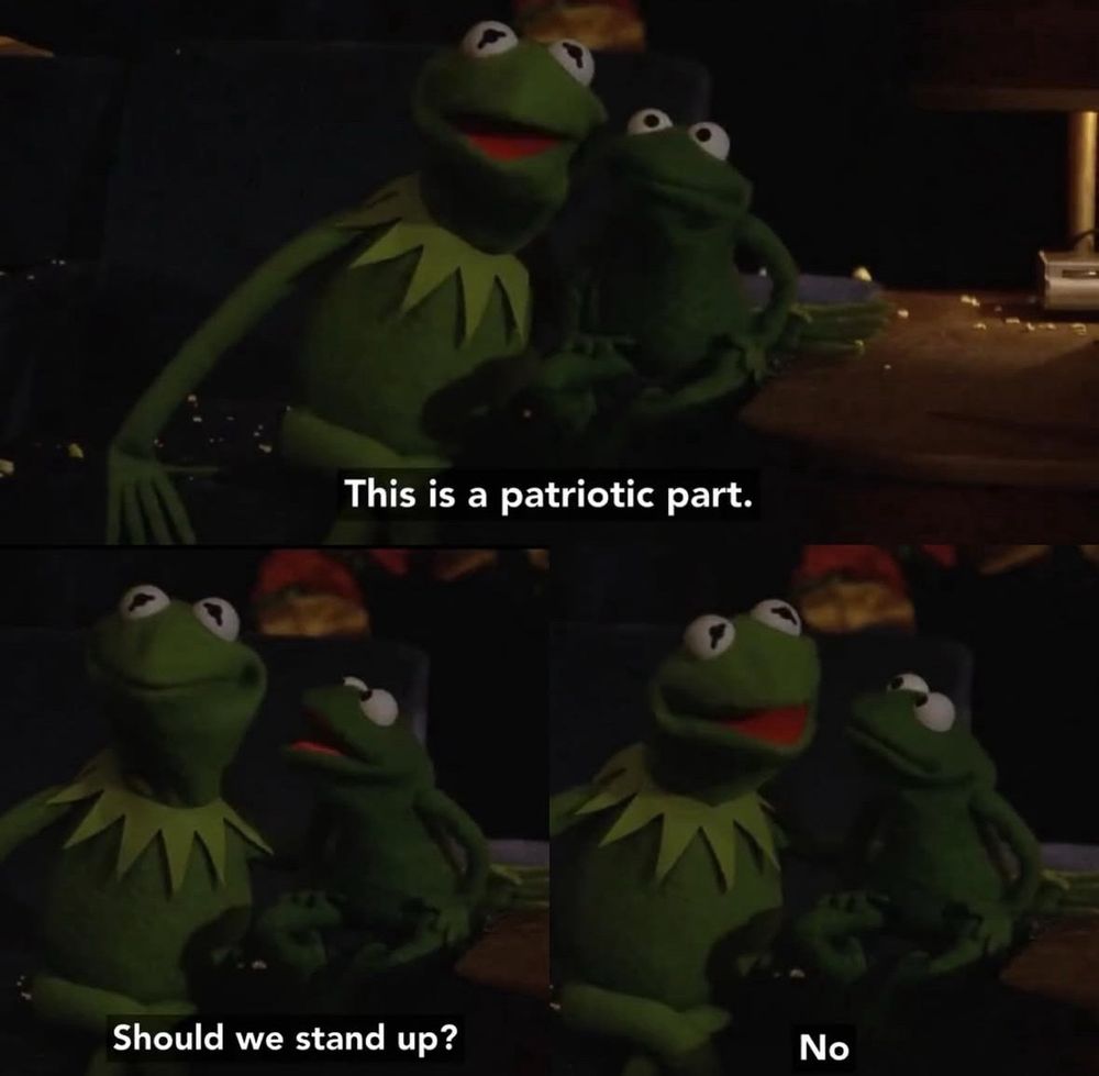 Three frames of Kermit the Frog talking to his nephew, Robin, while seated. 

Frame one: Kermit says, “this is a patriotic part.” Frame two: Robin asks, “should we stand up?” Frame three: Kermit answers, “no.”