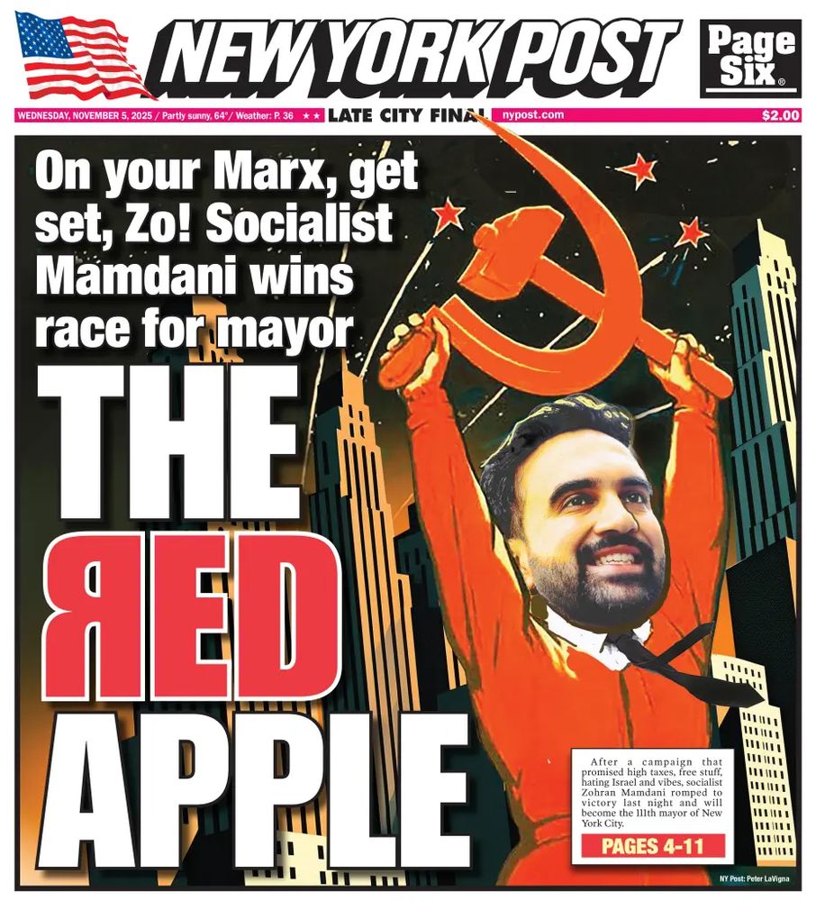 NY Post cover showing Zohran Mamdani holding a hammer and sickle. The headline reads "The Red Apple," with the R in red backwards as in the Cyrillic alphabet.