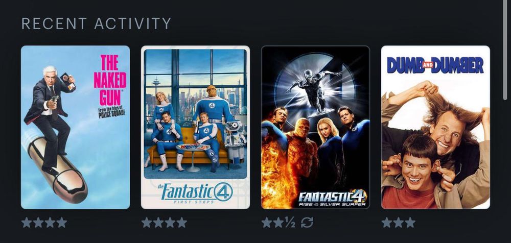 A view of a Letterboxd Recent Activity banner which includes: "The Naked Gun: From the Files of Police Squad!", "The Fantastic Four: First Steps", "Fantastic Four: Rise of the Silver Surfer", and “Dumb and Dumber”.