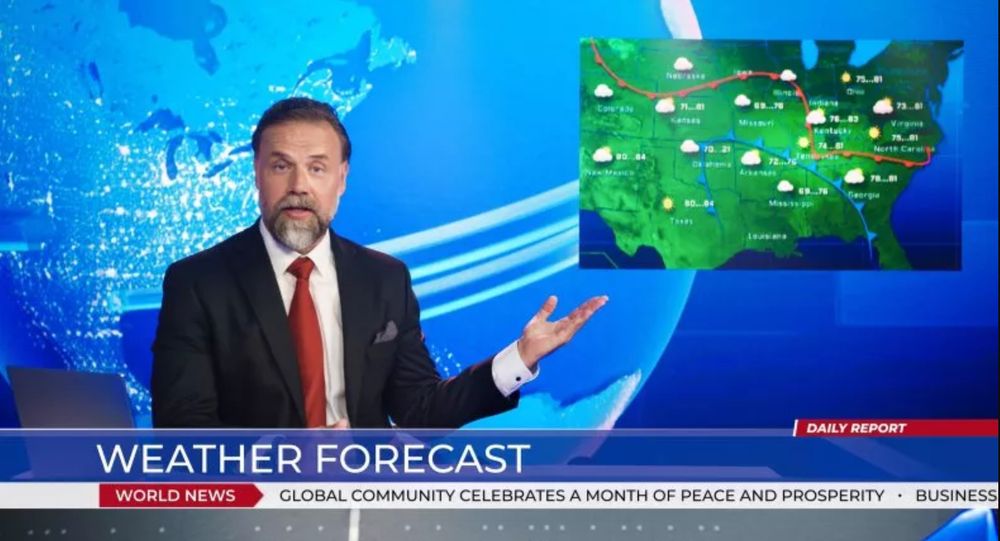 Screenshot of a middle-aged weatherman presenting a standard weather report on the TV.