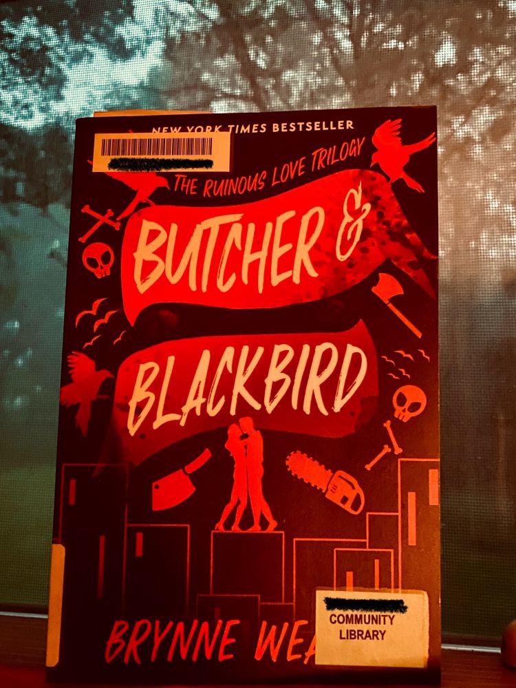 Book BUTCHER & BLACKBIRD by Brynne Weaver standing upright against a window with a storm raging outside.