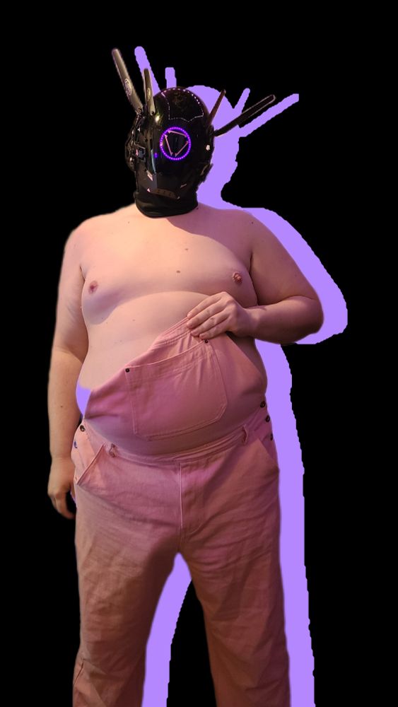 Robogut in pink overalls holding up its overalls over its belly?