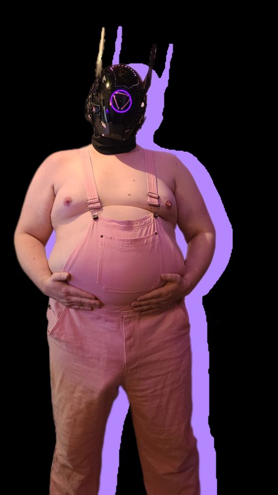 Robogut in pink overalls holding its belly