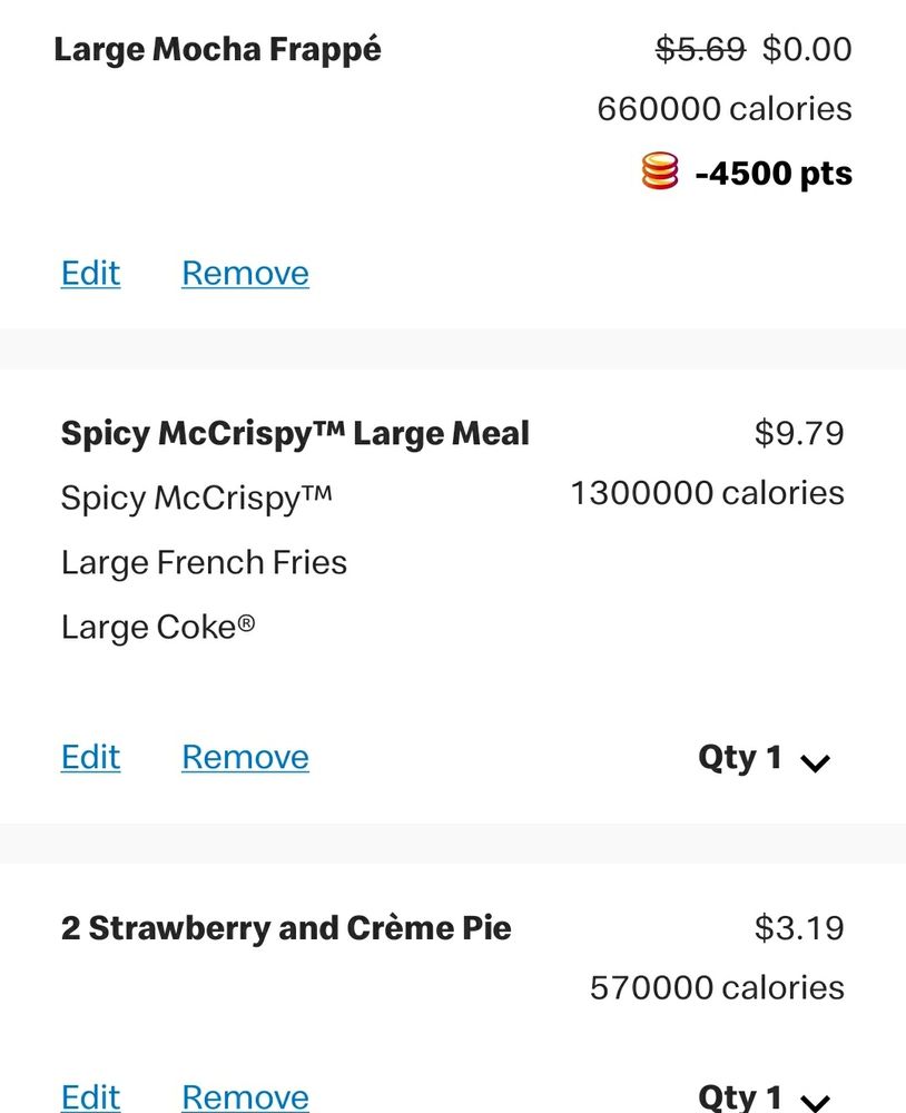 A McDonald's receipt with an extra 3 zeros added to the calorie count for each item