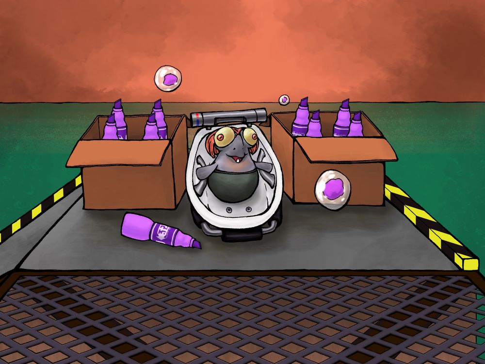 little buddy sitting inside a bloblobber with a box full of angle shooters on either side, pretending to be the notorious spawning grounds high tide flyfish 