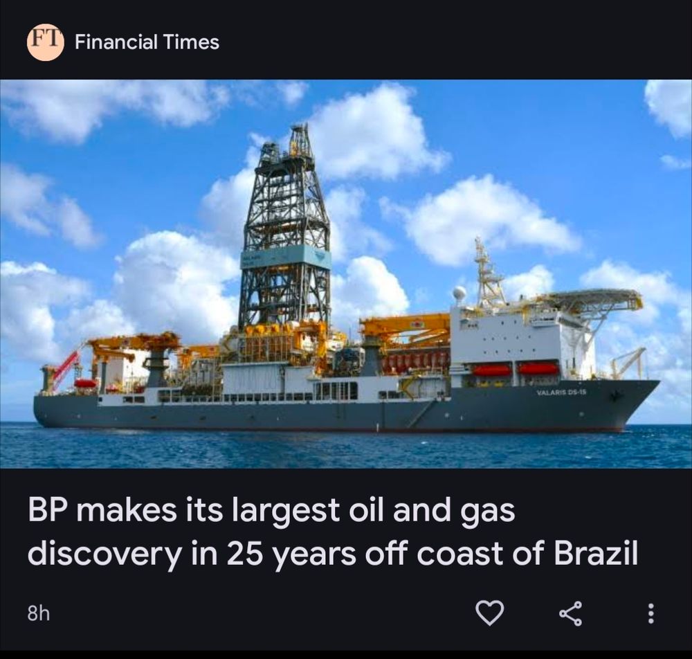 Screen shot of an FT article thumbnail. The photo is an oil rig and ship at sea. The headline reads 'BP makes its largest oil and gas discovery in 25 years off coast of Brazil'