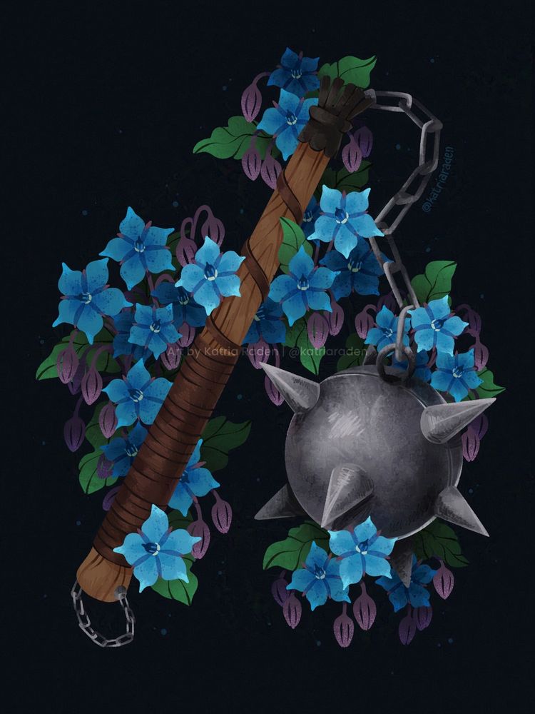 Digital illustration of a flail surrounded by blue borage flowers on a dark blue background