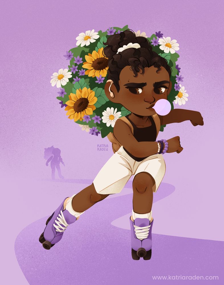 Digital illustration of a young black girl on roller skates, carrying a giant bouquet in her backpack. She wears hearing aid, is blowing bubblegum and is looking back at a silhouette roller skater behind her