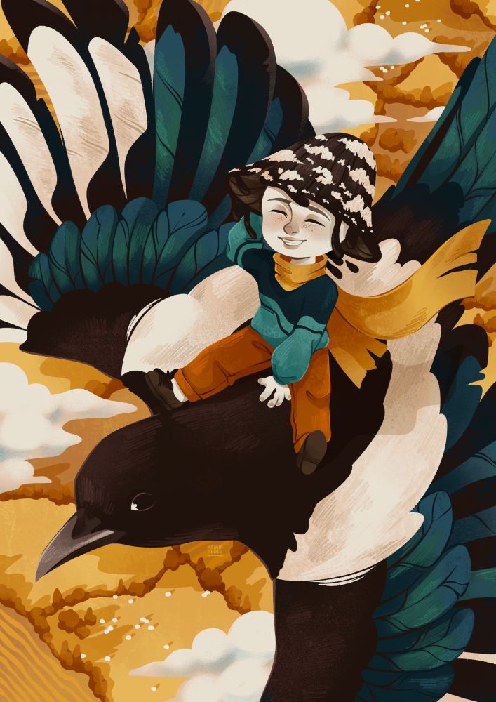 Old version of the above illustration, the girl character is leaning back and smiling with her eyes closed and magpie’s wing feathers are anatomically incorrect haha