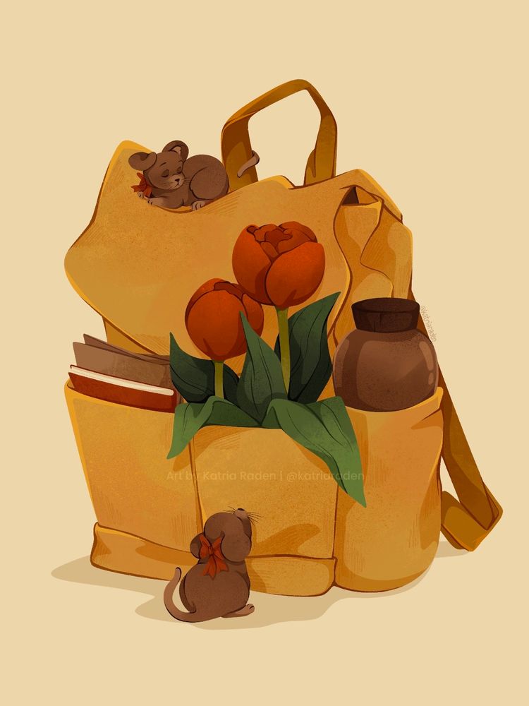 illustration of a yellow backpack with two front pockets holding some notebooks and two red tulips, side pocket holds a brown bottle and there are two tiny brown mice with red bows, one in front of the backpack and the other on top of it