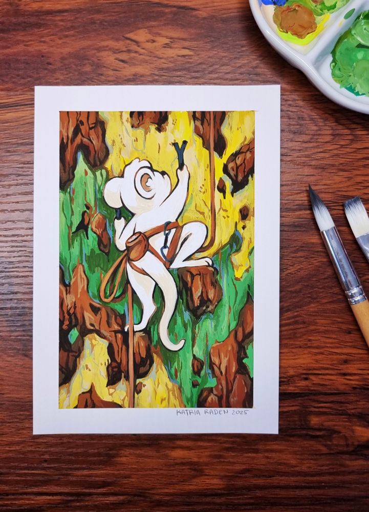 photo of an acrylic gouache painting of a white mouse mountaineering up tree bark painted in brown, green and yellow