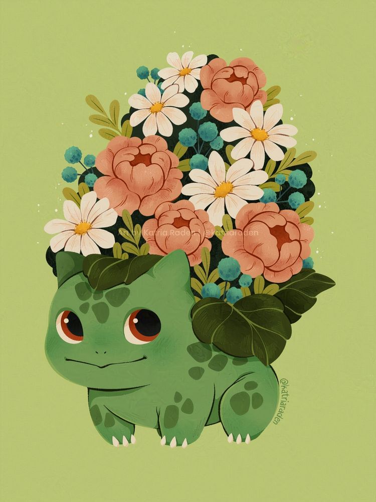 Digital illustration of a bulbasaur with a bouquet coming out of his bulb featuring pink peonies, white cosmos and some made up florals