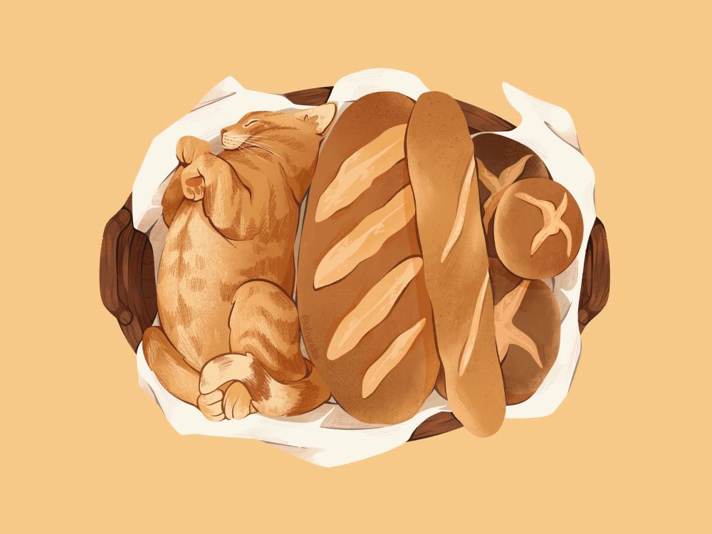 Illustration of my ginger cat in a basket with some bread loaves