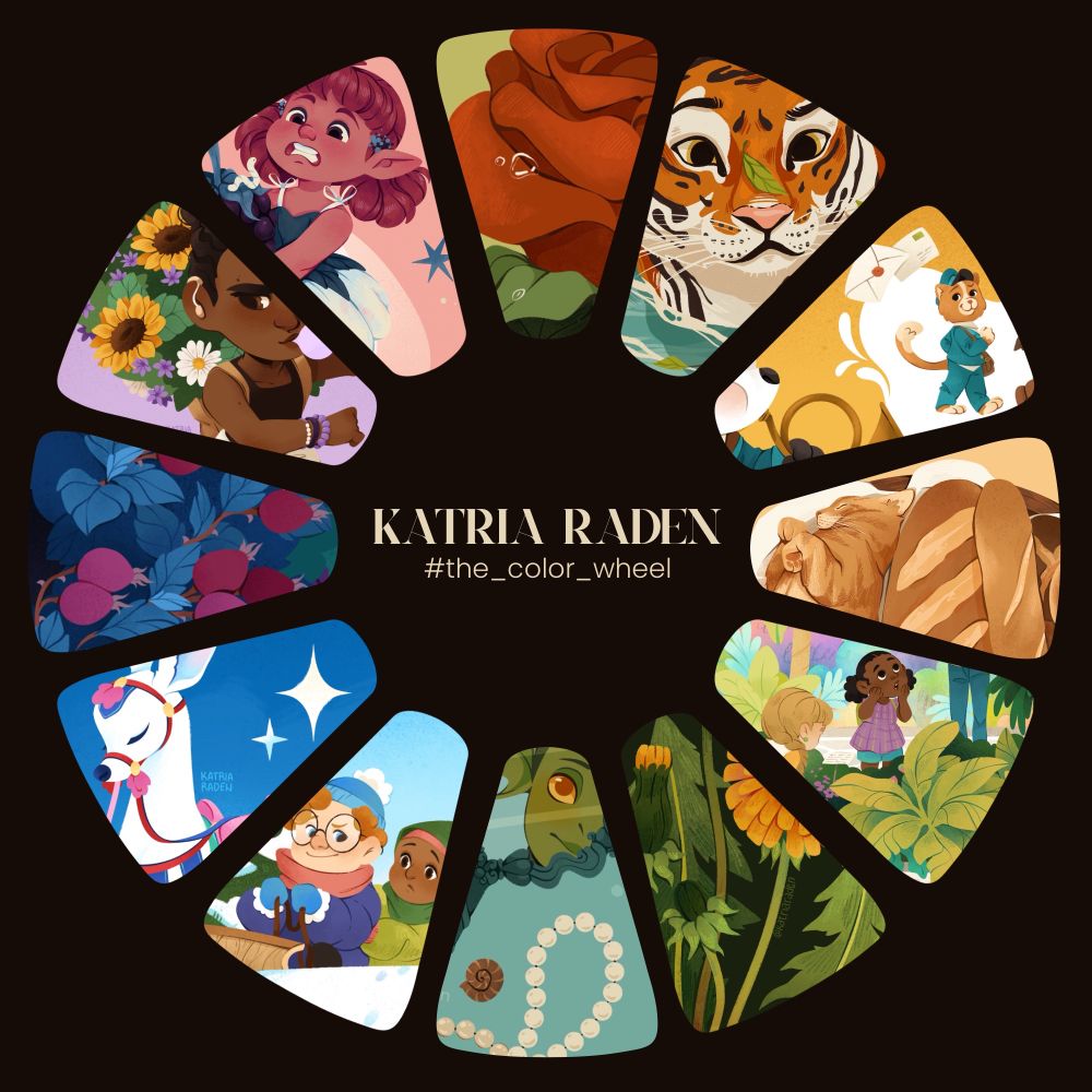 color wheel on a dark background with each segment featuring one of my illustrations in a rainbow order from red, to orange, through yellow, green, blue, purple to pink