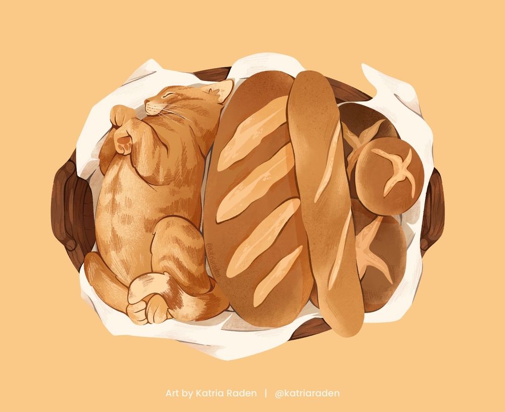 My digital illustration of a ginger cat lying in a basket with bread, baguette and buns
