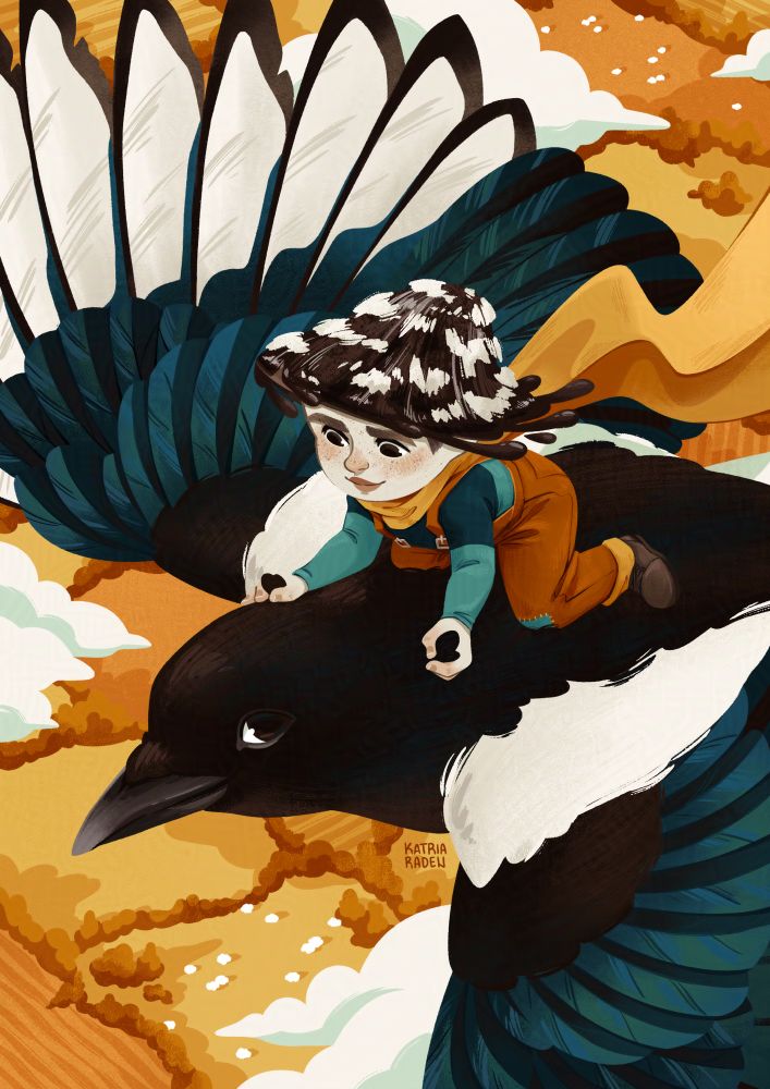 Digital illustration of a magpie inkcap mushroom character riding on the back of a magpie, flying together over orange fields