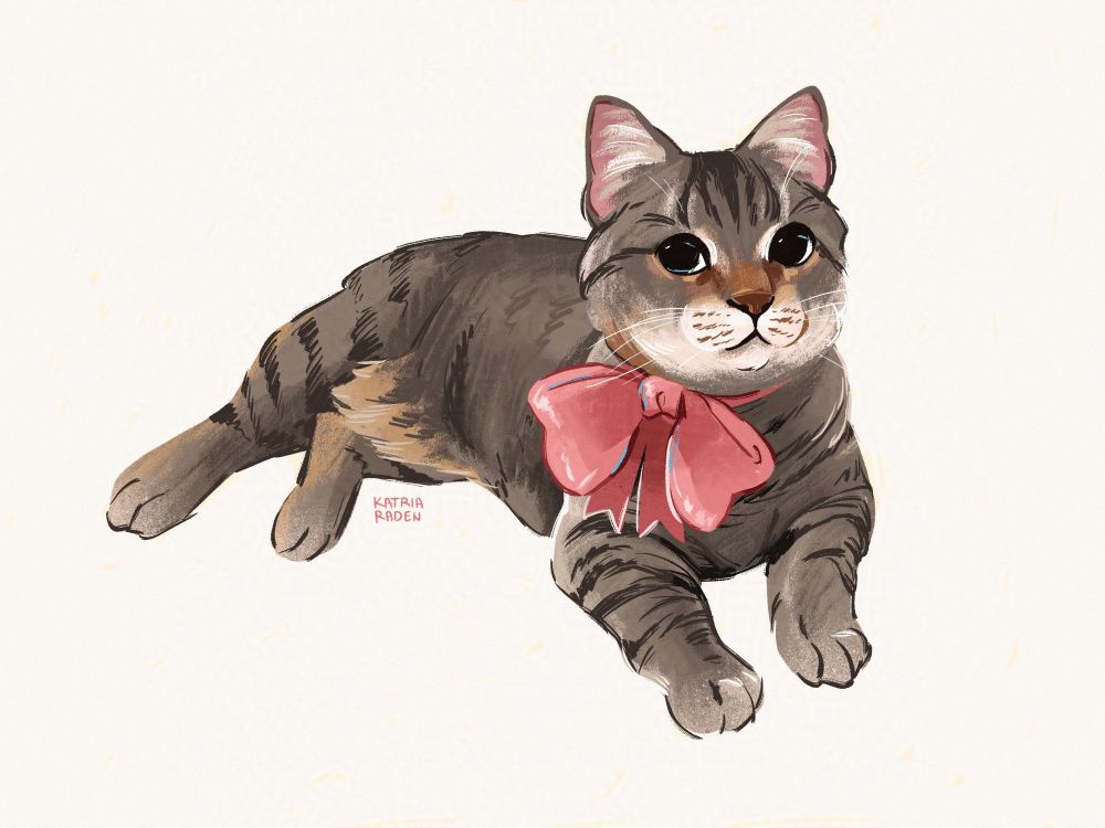 stylised digital illustration of a grey cat with a big pink bow