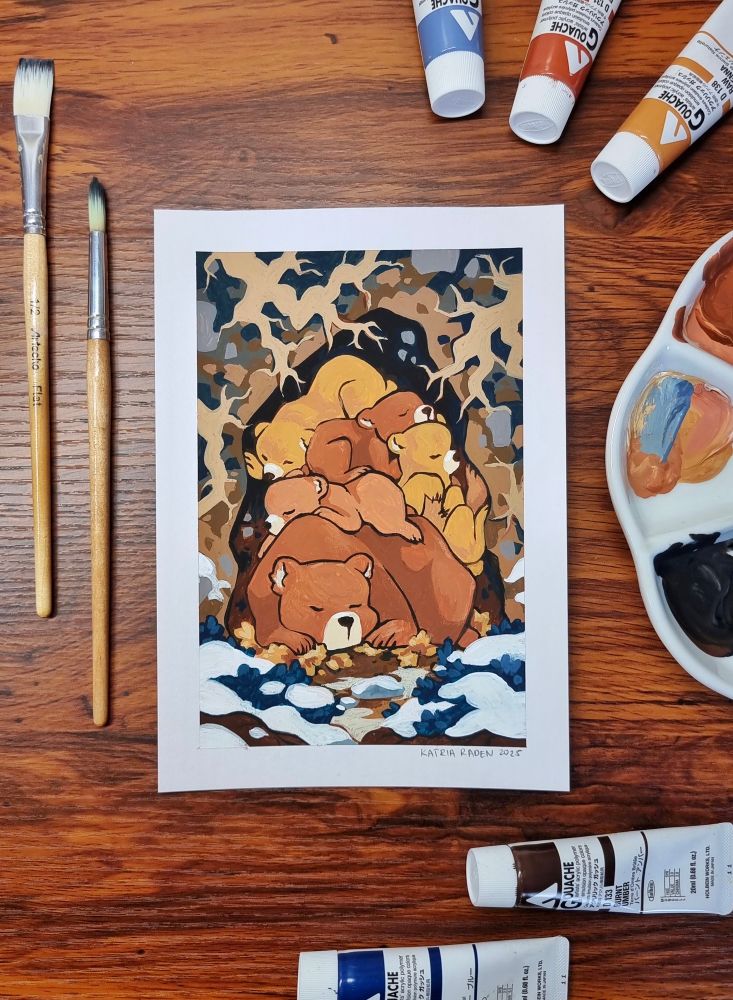 photo of an acrylic gouache painting of a mama bear and her four bear cubs huddled together, sleeping in a cave