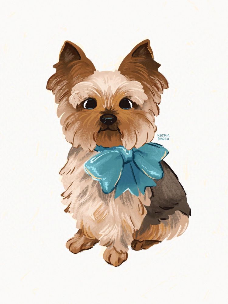 stylised digital illustration of a Yorkshire terrier with a big blue bow