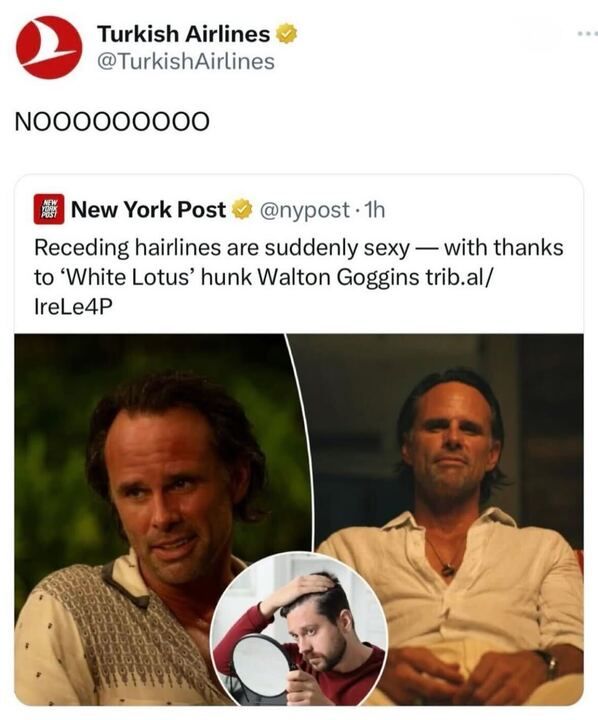 @TurkishAirlines: "NOOOOOOOO"

Quoting @NYPost "Receding hairlines are suddenly sexy --with thanks to 'White Lotus' hunk Walton Goggins, with two pictures of Goggins and a balding guy inspecting his hairline