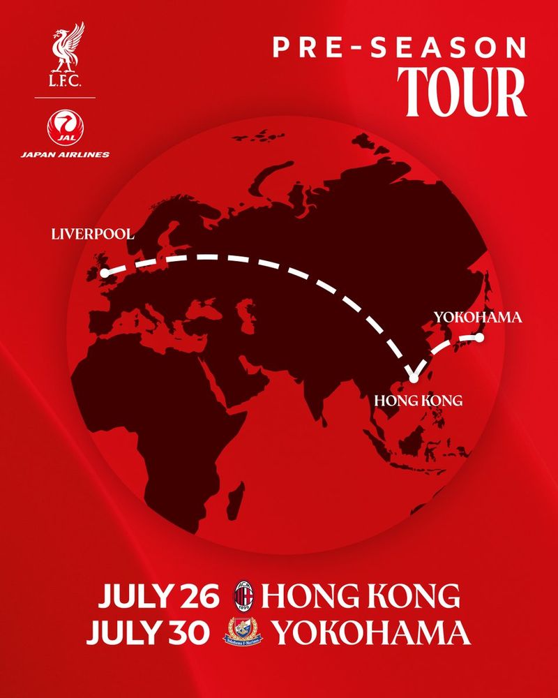 Travel map for the pre-season tour. Liverpool to Honk Kong with fixture against AC Milan on July 26. Hong Kong to Yokohama with a fixture against Yokohama on July 30.
