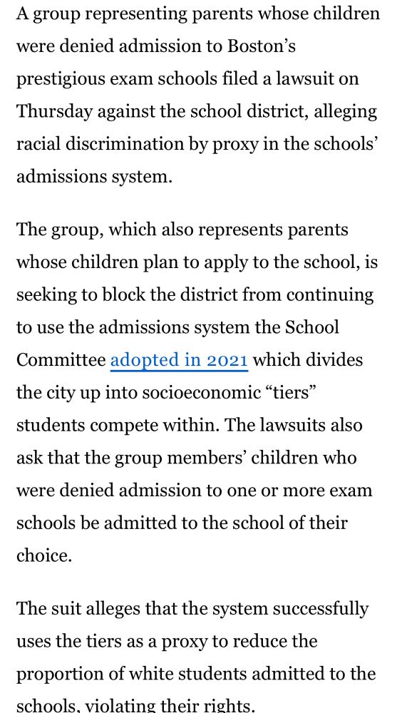 Screen grab of a Boston Globe article on a recent lawsuit filed by Pacific Legal Foundation against Boston’s specialized school admissions plan.  