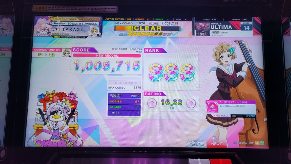 「CHUNITHM LUMINOUS PLUS」
幾四音-Ixion- (ULTIMA 14) 1,008,715 [SSS]