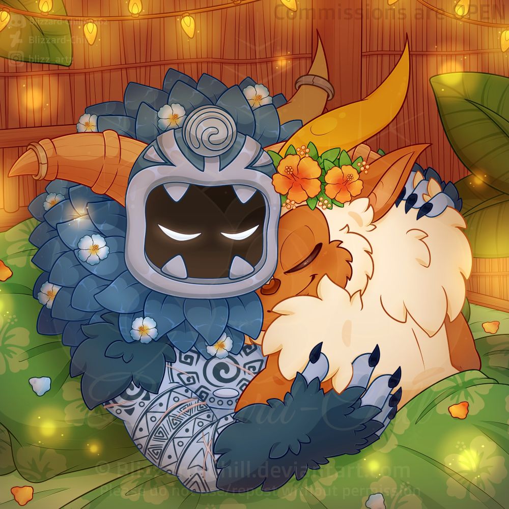 Buckshot and Wild Storm are lying on the bed. Buckshot, the Sky-Faun with a light brown skin, golden curved and white fur, lies on his belly, his head in contact with Wild Storm's and his arms wrapped around him. Wild Storm holds Buckshot with his hands on Buckshot's side and shoulder. Wild Storm is the blue-skinned humanoids with the metal tiki mask resembling the horned animal's maw with the air element emblem, dark blue mane, tribal tattoos, tufts on his shoulders and clawed hands, and scars. Both of them have closed eyes, Wild Storm's face is inside the mask and shrouded in darkness. They had titanium rings on their right horns, indicating that they are married and are having a wedding night. The couple ate in the wooden hut with the plants, lighting and fireflies. Both of them are the Senseis from Skylanders Imaginators