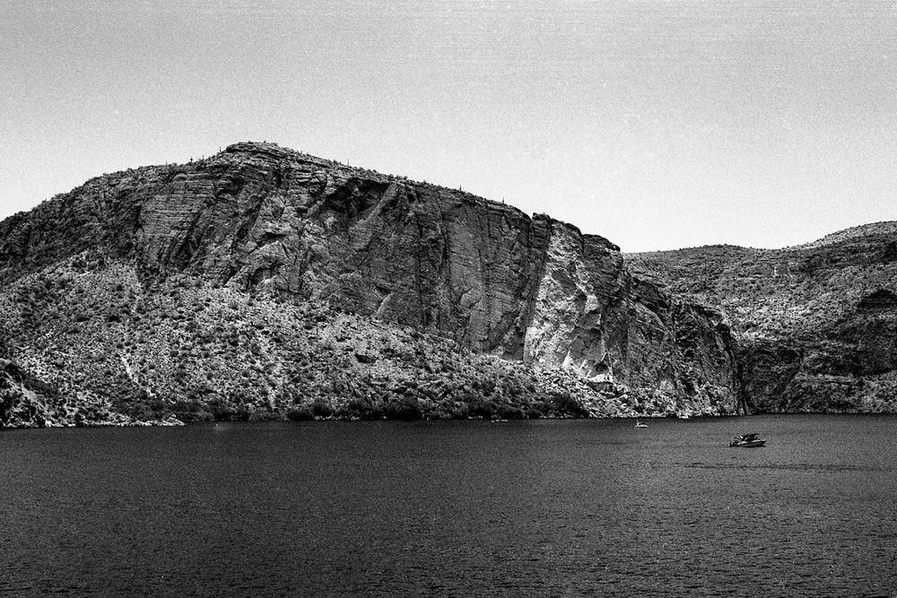 A black and white photograph of Canyon Lake in Arizona 