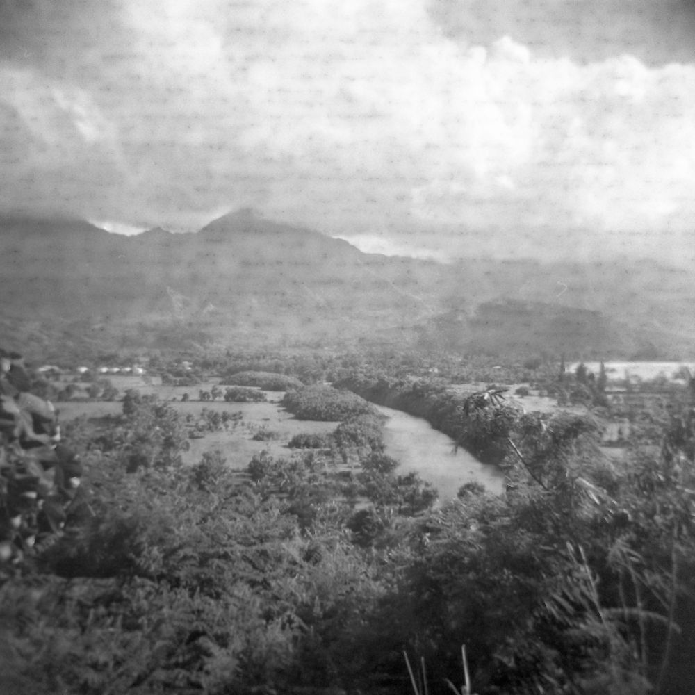 A black and white film photograph of the Hanalei River in Kauai. 