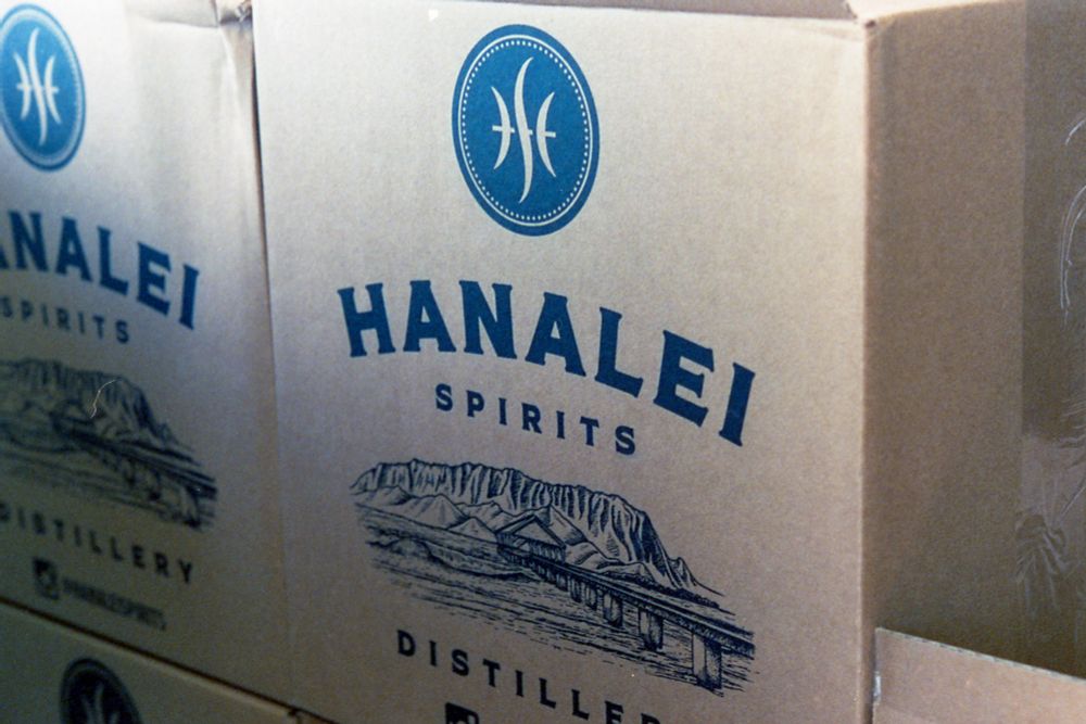 A box of bottled alcohol from Hanalei Spirits Distillery. 