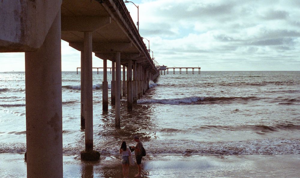 A film photo of the pier from below at Fisherman’s Wharf in San Diego near sunset. 
