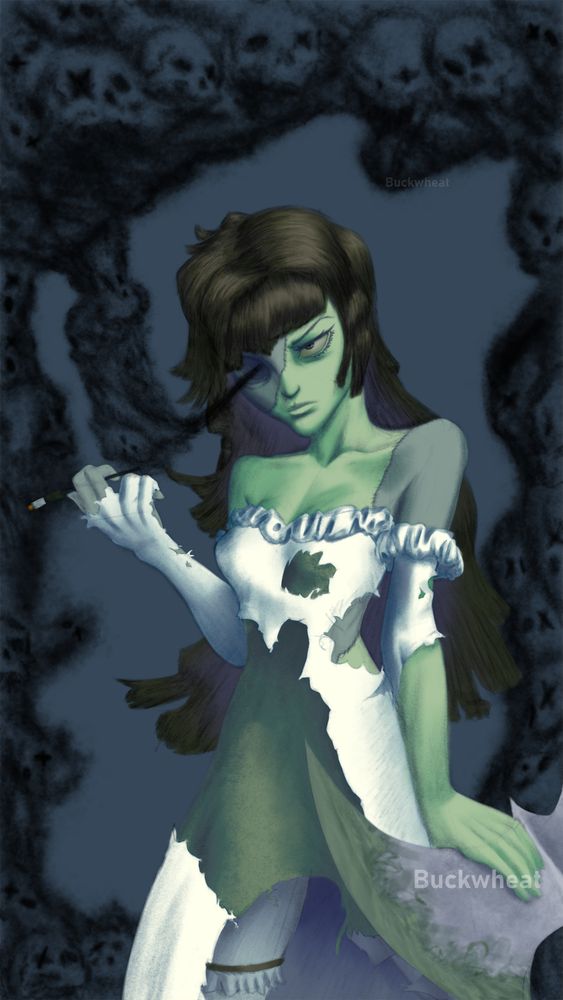 Digital art of a patchwork zombie woman smoking while gripping an axe head. She has an annoyed expression and is blowing the smoke through an empty eye socket. The smoke has skulls in it and borders the image